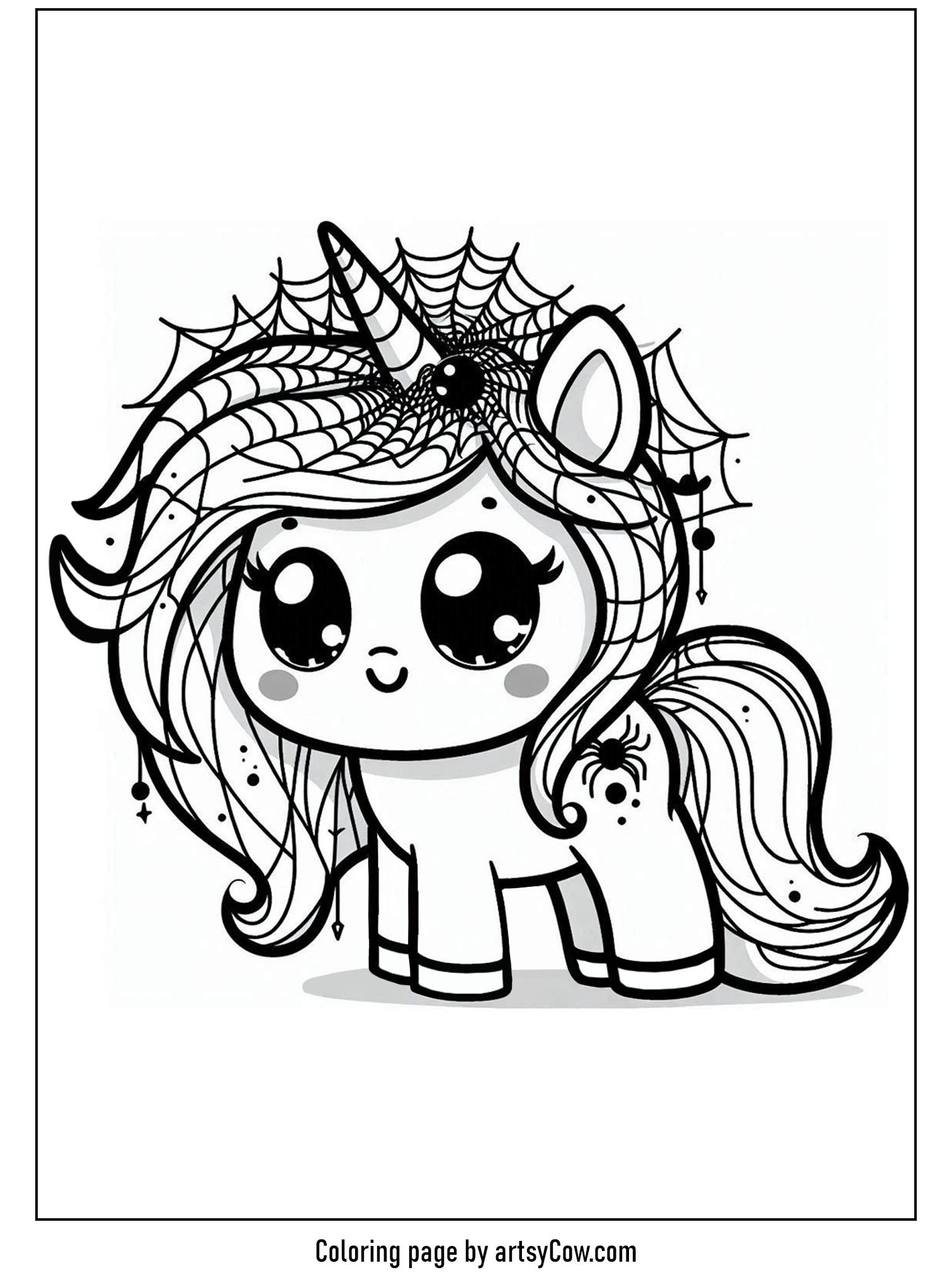 halloween coloring pages with unicorn 2 featuring a unicorn with a spider web mane and big bright eyes.